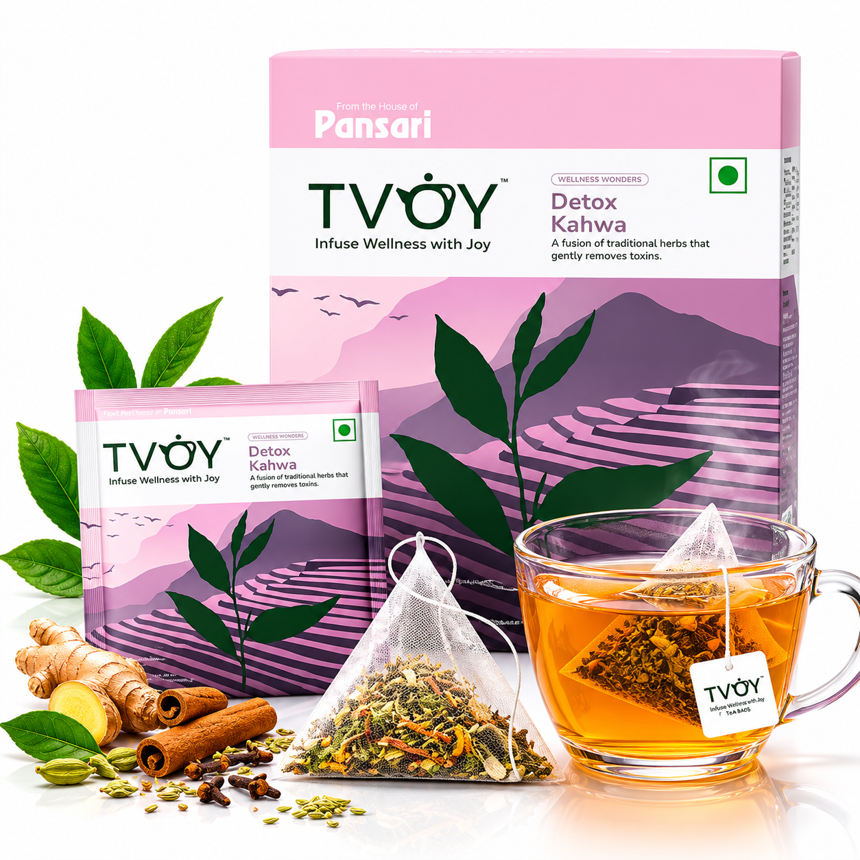 TVOY Detox Kahwa Green Tea | Desi Kadha with Hing, Ginger Root & 9 Spices | 20 Biodegradable Pyramid Tea Bags | No Plastic
